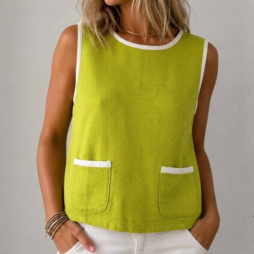 Vintage Lime Green Sleeveless Cotton Piqué Top, Large 60s Retro Preppy PanAm